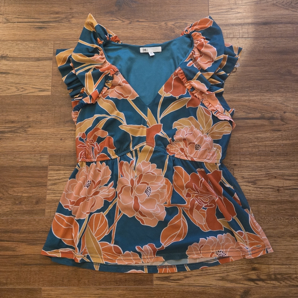 DR2 Floral Flutter Sleeve Blouse Emerald Green Burnt Orange Pink Size M